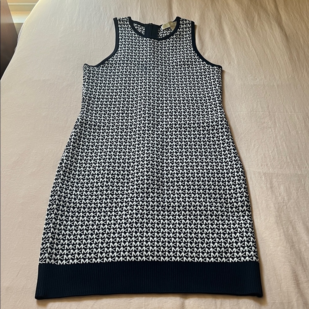 Navy Blue and White MK Patterned Women's Tank Dress